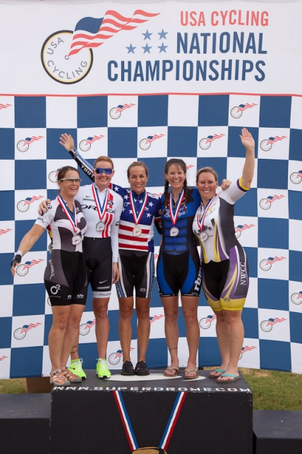 The 35-39 women's time trial winnners celebrate atop the podium. 